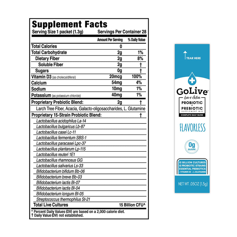 [Australia] - GoLive FLAVORLESS/SUGARLESS Synbiotic (Probiotics + Prebiotics) for Adults & Kids; +15 Billion CFUs; 15 Clinical Strains. Formulated and Recommended by MDs and RDs for Digestion, Metabolism, Immunity. Daily Essentials Unflavored 28 Count (Pack of 1) 