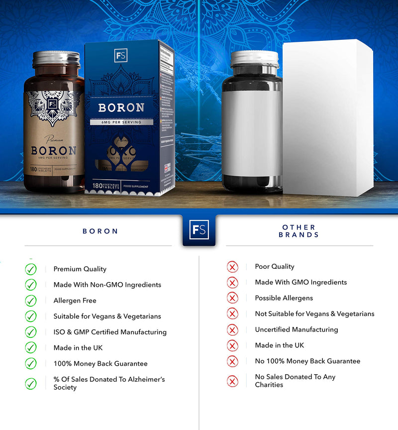 [Australia] - FS Boron Supplement | 180 Chelate Vegan Tablets | 6mg Per Serving - 3 Month Supply | Nootropic Supplements | Gluten, Dairy Free & Non-GMO | Made in The UK in ISO Licensed Facilities 180 Count (Pack of 1) 
