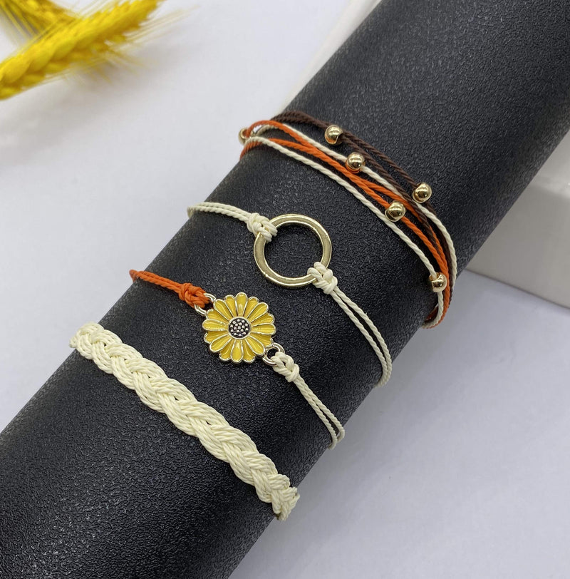 [Australia] - 14 Pieces Bracelets for Teen Girls Wave Strand Anklet Bracelets Set,Handmade Cute Sunflower Adjustable Braided Rope Bracelet Bohemian Beach Friendship Jewelry Christmas Gifts Feature Sunflower Set 