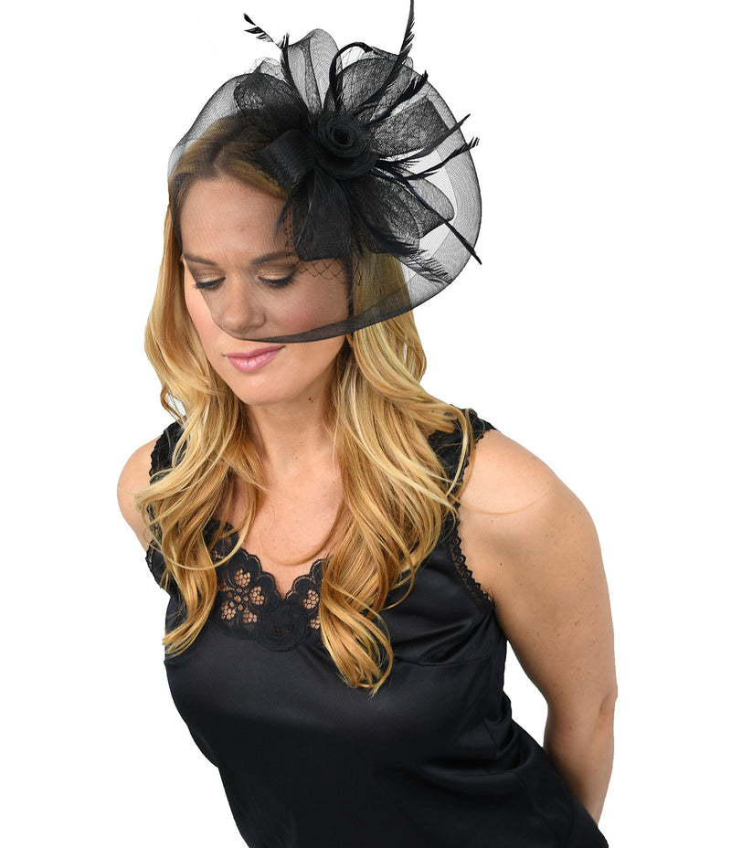 [Australia] - Home-X Women Fascinator Hat. Black Veil with Rosette and Feathers 