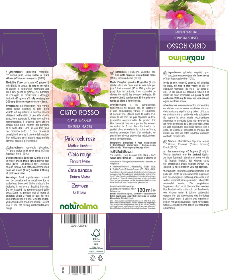 [Australia] - Pink Rock Rose (Cistus incanus) herb Alcohol-Free Mother Tincture Naturalma | Liquid Extract Drops 120 ml | Food Supplement | Vegan 120 ml (Pack of 1) 