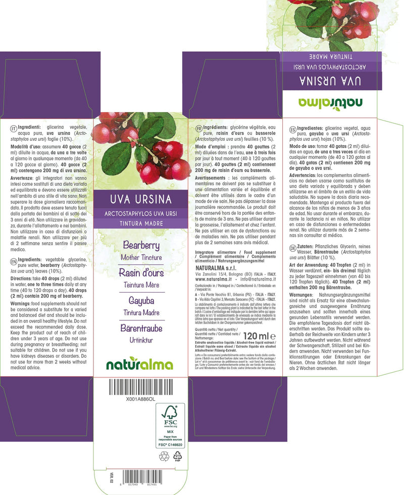 [Australia] - Bearberry (Arctostaphylos uva Ursi) Leaves Alcohol-Free Mother Tincture Naturalma | Liquid Extract Drops 120 ml | Food Supplement | Vegan 120 ml (Pack of 1) 