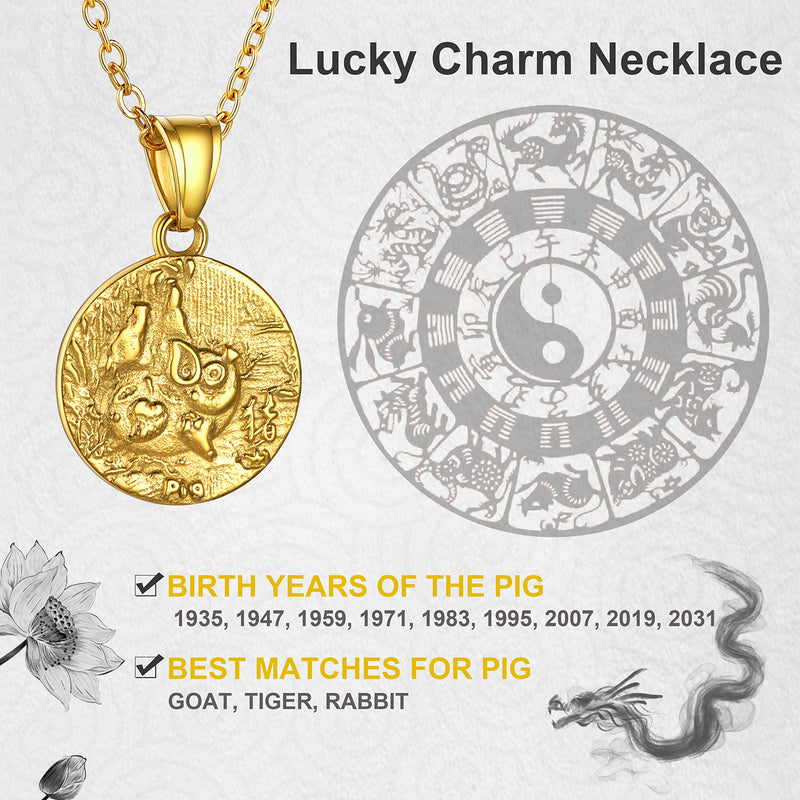 [Australia] - GoldChic Chinese Zodiac Coin Necklace, 18K Gold Plated Round Disc Handmade Animal Pendant Amulet Lucky Charm Necklace for Women/Girl, Birthday Gift (with Gift Box) Pig no personalization 