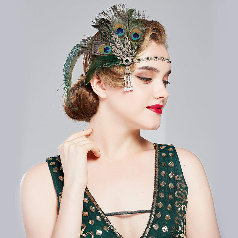 [Australia] - BABEYOND 1920s Flapper Headband Feather Headpiece Roaring 20s Gatsby Hair Accessories for Women (Peacock Green) Peacock Green 