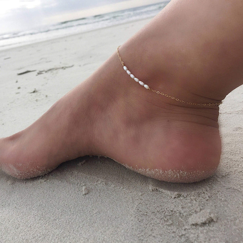 [Australia] - WEARON Pearl Anklet Handmade 18k Gold Plated Dainty Boho Beach Cute Ankle Bracelet Adjustable Layered Foot Chain for Women 