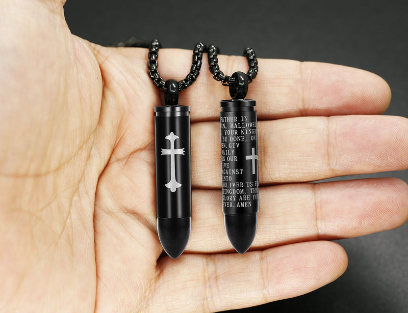 [Australia] - LOYALLOOK 2pcs Men's Stainless Steel Cylinder Pendant Chain Necklace Cross Bullet Pendant Necklace Lord's Prayer 22 Inch 1pc Cross+ 1pc Lord's Prayer 