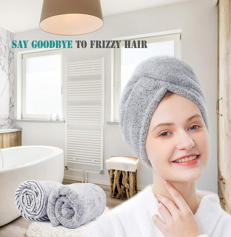 [Australia] - ELLEWIN Bamboo Hair Towel Wrap 2 Pack, Microfiber Hair Drying Shower Turban with Buttons,Super Absorbent Quick Dry Hair Towels for Curly Long Thick Hair, Rapid Dry Head Towel Wrap for Women Anti Frizz 