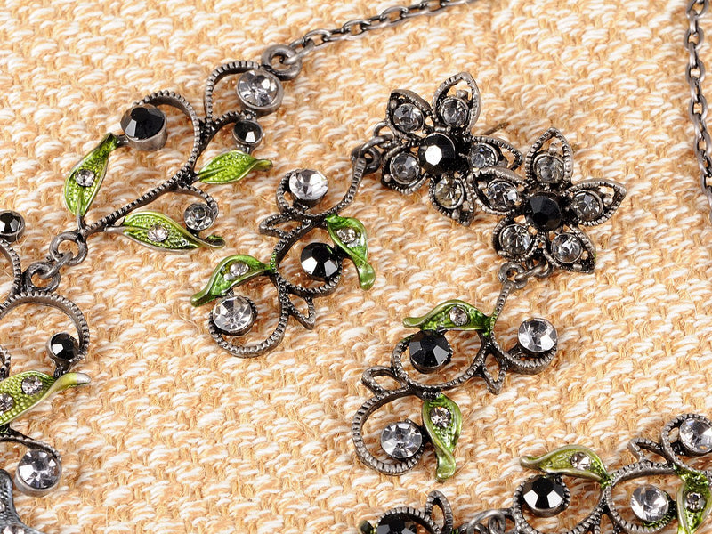 [Australia] - Alilang Gunmetal Tone Clear Balck Crystal Rhinestones Green Enamel Butterfly Flower Necklace Earrings Set 