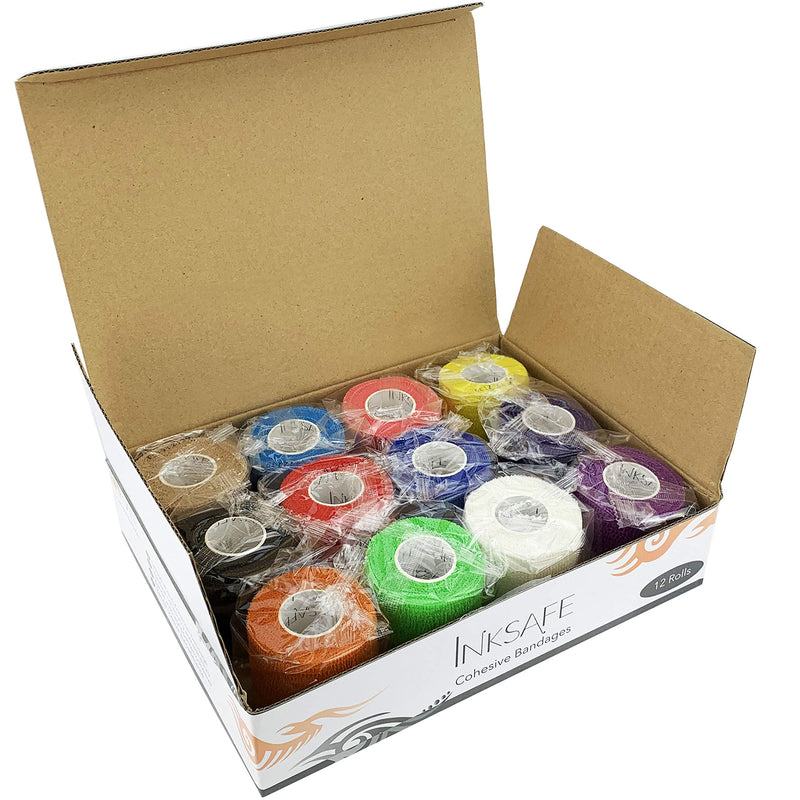 [Australia] - Inksafe Assorted Colours Self Adherent Cohesive Bandages 5cm x 4.5m Box of 12 - Uses Include Tattoo Grip Wrap, Vet Wrap, Tape for Wrist and Ankle Sprains 