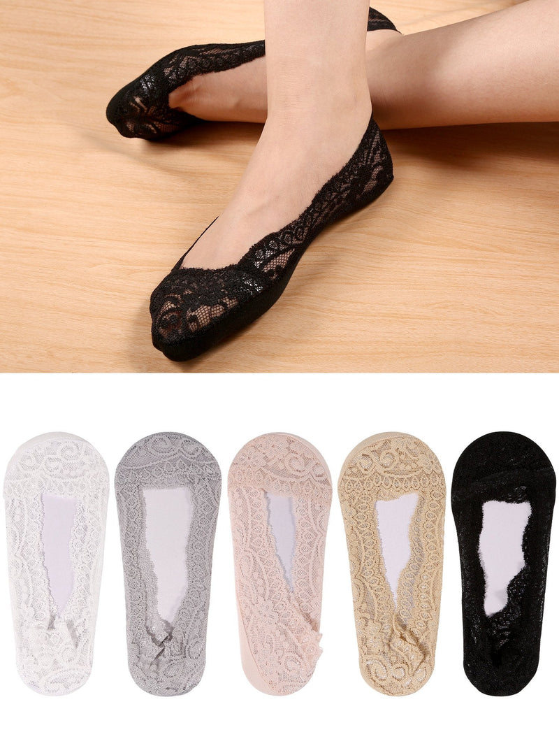 [Australia] - 10 Pairs No Show Lace Boat Socks Non-slip Ankle Socks Invisible Socks for Women Favors (5 Colors)(Size: One Size) 