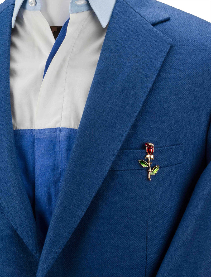 [Australia] - Knighthood Men's Red Rose Stem with Green Leaves Lapel Pin/Brooch Golden 