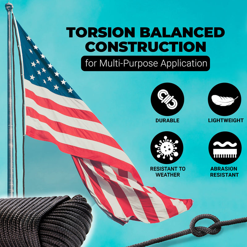 [Australia] - 50 ft. Nylon Braided Polypropylene Flag Pole Rope, 1/4 All Purpose Clothesline Camping Utility Moving Rope, Excellent Shock Absorption, Good for Tie, Pull, Swing, Pool & Knot, Black - by Ram-Pro 50 ft 1 - Pack 