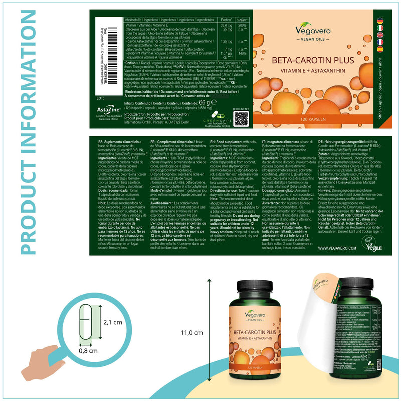 [Australia] - Beta Carotene Vegavero� | Beta-Carotene from Fermentation (Lucarotin�), Vitamin E & Astaxanthin (AstaZine�) | NO Additives | Golden Tan | 120 Tanning Capsules (GreenCaps�) | Vegan 