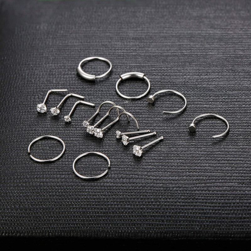 [Australia] - FINREZIO 15PCS 22G Surgical Steel Nose Rings Hoop Studs Cartilage Earrings Body Piercing Jewelry 1.5mm 2mm 2.5mm CZ A: Silver-Tone 