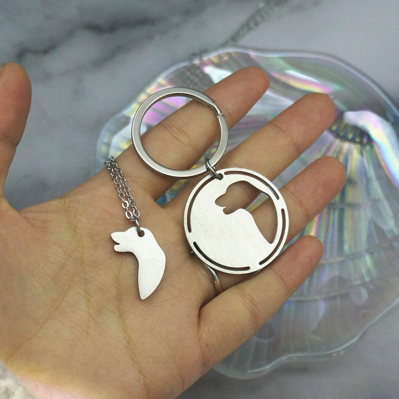 [Australia] - ZUOPIPI Stainless Steel Dog Head Pendent Necklace and Dog Keychains Dog and Owner Matching Couple Jewelry for Dog Lovers 2pcs/Set Style 2 