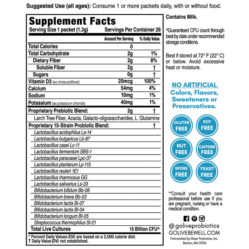 [Australia] - GoLive FLAVORLESS/SUGARLESS Synbiotic (Probiotics + Prebiotics) for Adults & Kids; +15 Billion CFUs; 15 Clinical Strains. Formulated and Recommended by MDs and RDs for Digestion, Metabolism, Immunity. Daily Essentials Unflavored 28 Count (Pack of 1) 
