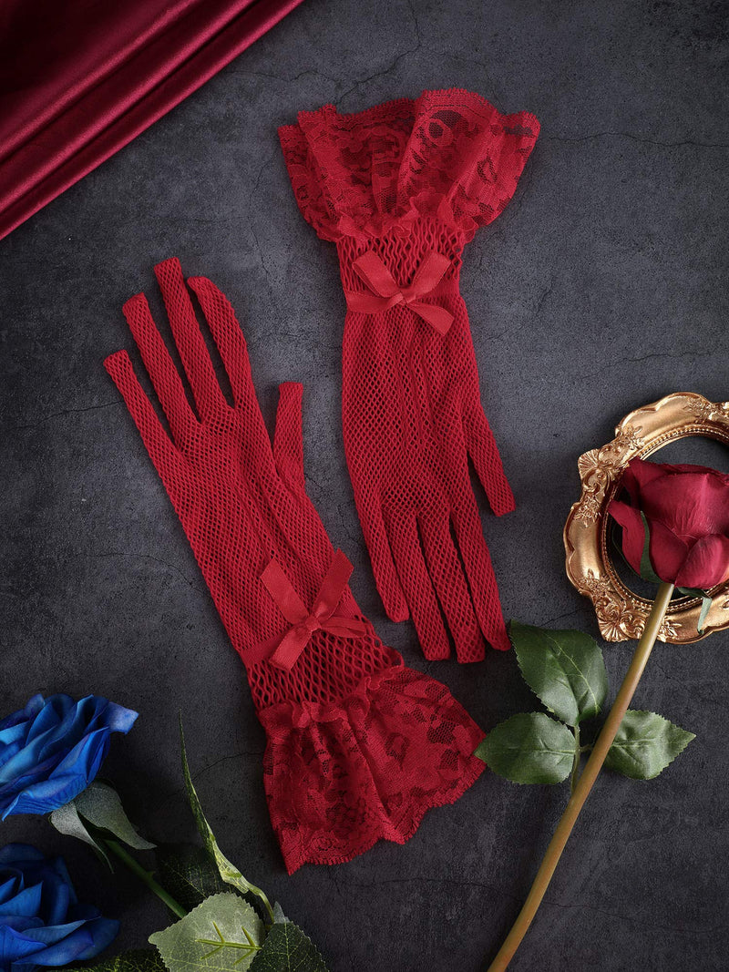 [Australia] - SATINIOR Ladies Lace Gloves Elegant Short Gloves Courtesy Summer Gloves for Wedding Dinner Parties Wine Red 