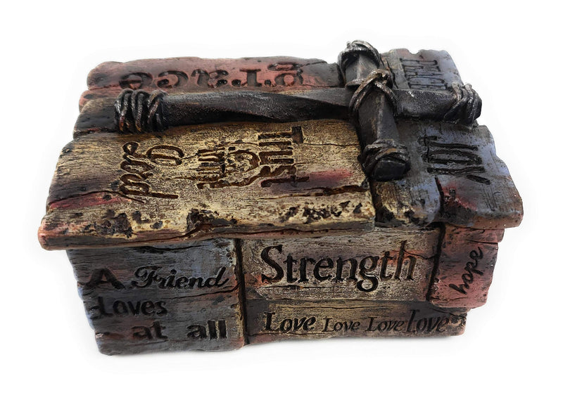 [Australia] - Rustic Trinket Jewelry Box with Inspirational Sayings, Realistic Faux Wood & Iron Cross 