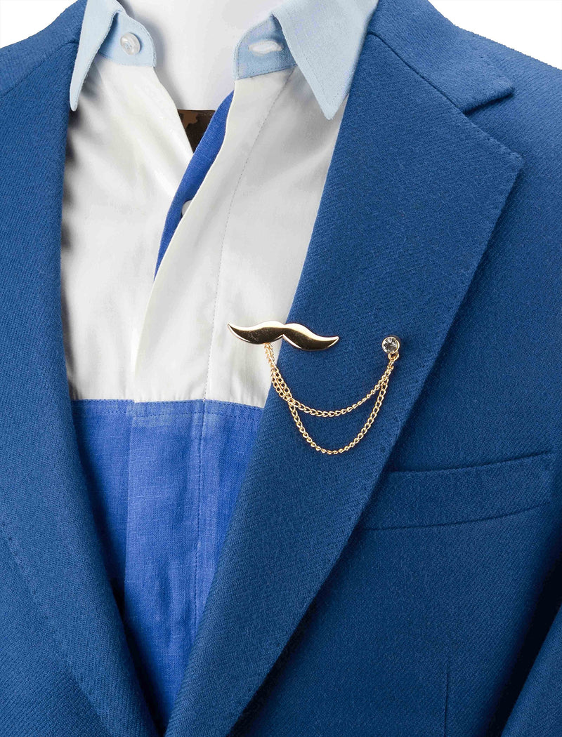 [Australia] - Knighthood Golden Moustache with Stone Hanging Chain Lapel Pin Badge Coat Suit Collar Accessories Brooch for Men 