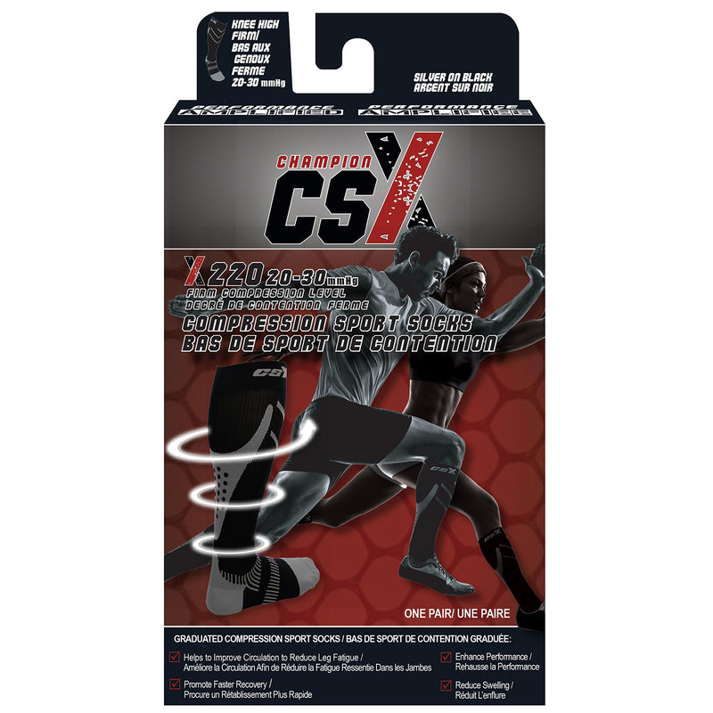 [Australia] - CSX 20-30 mmHg Compression Socks for Men and Women, Knee High, Recovery Support, Athletic Sport Fit, Silver on Black, Large Large (20-30 mmHg) 