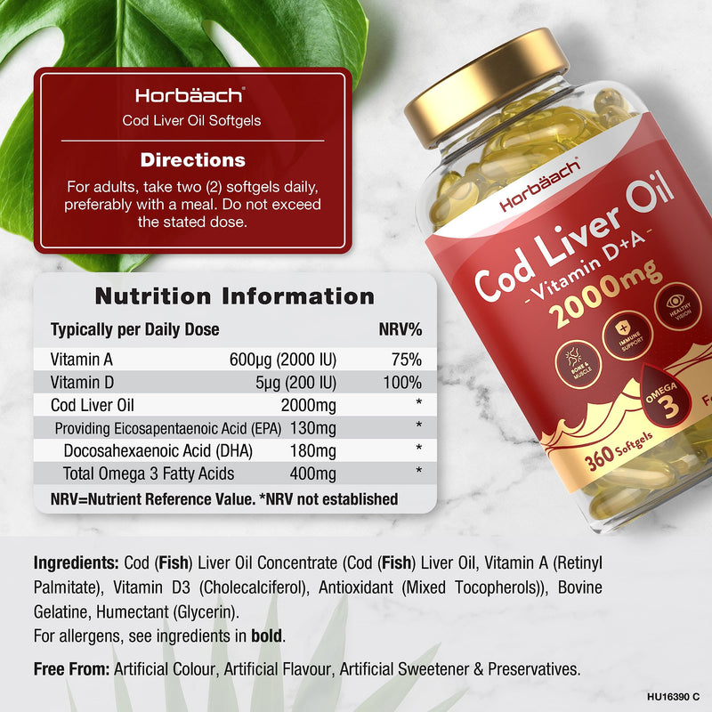 [Australia] - Cod Liver Oil Capsules | 2000mg | 360 Count | with High Strength Omega 3, Vitamin D and A | Bone and Muscle Support, Healthy Vision, and Immune Support | by Horbaach 