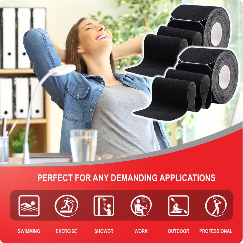 [Australia] - AJUVIA Kinesiology Tape (2 Rolls, 44 Strips Precut, 2" x 10") - Lasts up to 14 Days - Latex Free - Waterproof Athletic Tape - Elastic Sports Tape (Black) Black 