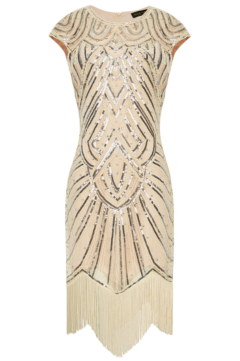 [Australia] - BABEYOND Women's Flapper Dresses 1920s Beaded Fringed Great Gatsby Dress Beige + Crystal Decorations Large 