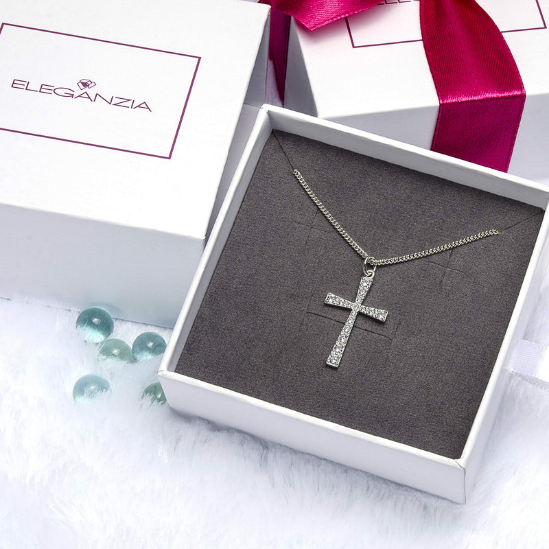 [Australia] - ELEGANZIA Cross Necklace for Women Girls, Sterling Silver Chain with Cubic Zirconia Cross Pendant, Religious Gift Christian Jewelry 