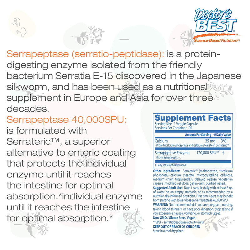 [Australia] - Doctor's Best Serrapeptase, Non-GMO, Vegan, Gluten Free, Supports Healthy Sinuses, 40,000 SPU, 90 Count (Pack of 1) 