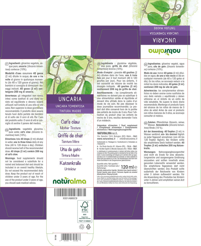 [Australia] - Cat's Claw (Uncaria tomentosa) bark Alcohol-Free Mother Tincture Naturalma | Liquid Extract Drops 120 ml | Food Supplement | Vegan 120 ml (Pack of 1) 