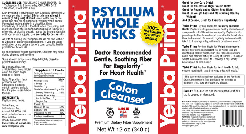 [Australia] - Yerba Prima Psyllium Husk, 12 Ounce - Colon Cleansing Fiber Supplement, for Heart Health, Natural Support for Gut Health, Vegan, No Sugar or Artificial Sweeteners, Non GMO, Gluten Free 