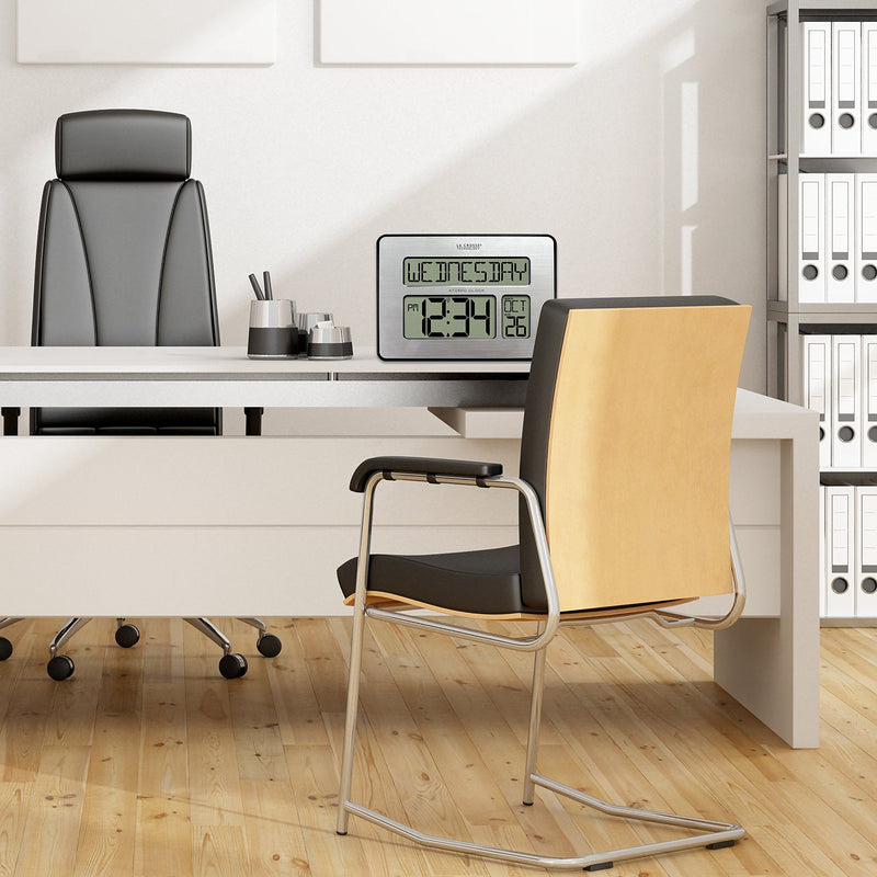 [Australia] - La Crosse Technology 513-1419-INT Atomic Full Calendar Clock with Extra Large Digits - Perfect Gift for the Elderly, Silver, 9.84"L x 1.14"W x 7.48"H 