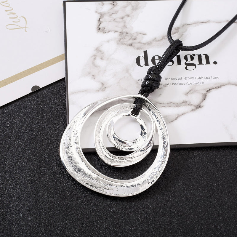 [Australia] - Long Pendant Necklaces Silver Pendant Natural Black Rope Chain Bohemian Necklace for Women Teens Girls with Gift Box 