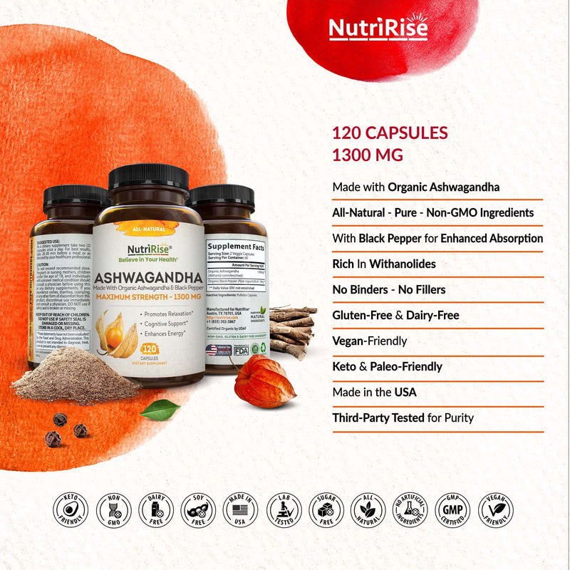 [Australia] - Organic Ashwagandha Capsules - High Potency 1300 mg: Ultimate Natural Sleep Support, Immune Support, Focus, and Energy Supplement with Black Pepper for Wellbeing and Vitality 