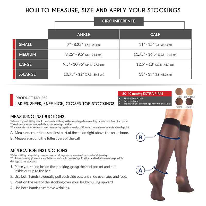 [Australia] - Truform Sheer Compression Stockings, 30-40 mmHg, Women's Knee High Length, 30 Denier, Black, X-Large X-Large (1 Pair) 