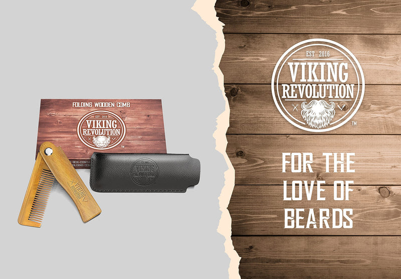 [Australia] - Folding Beard Comb w/Carrying Pouch for Men - All Natural Wooden Beard Comb w/Gift Box - Green Sandalwood Comb for Grooming & Combing Hair, Beards and Mustaches by Viking Revolution 