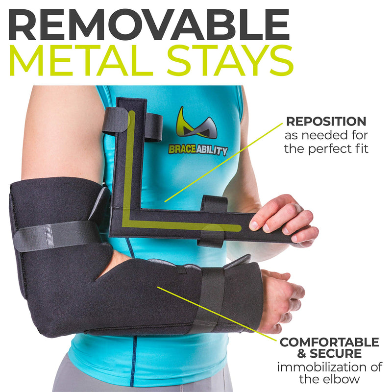 [Australia] - BraceAbility Elbow Immobilizer Brace | Removable Long Arm Cast and Soft Forearm Orthosis Splint for Broken Supracondylar, Distal Humerus, Proximal Ulna Fracture or Olecranon Bursitis (S/M) Small/Medium (Pack of 1) 