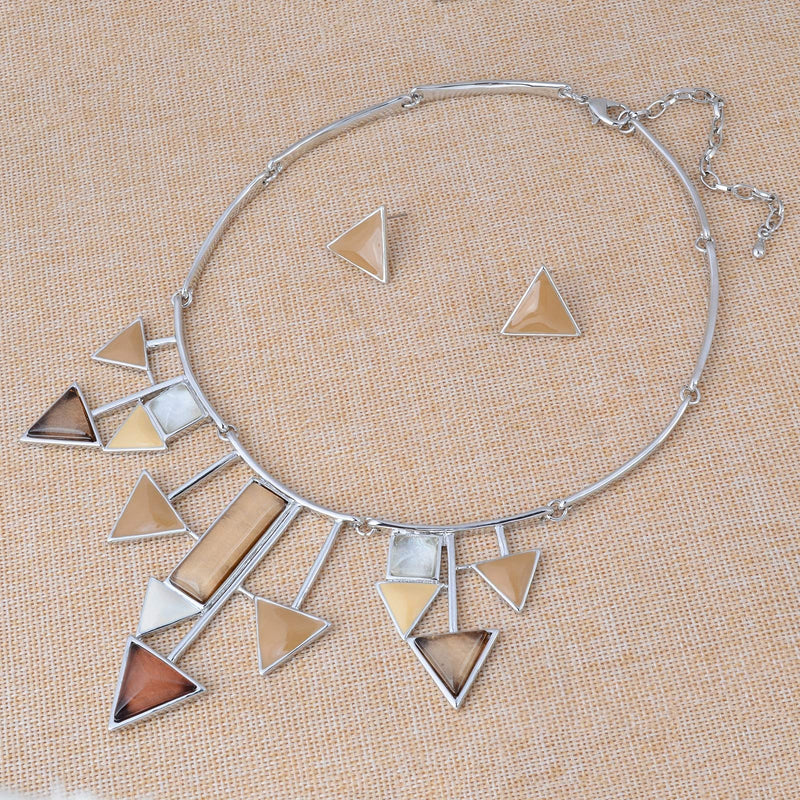 [Australia] - Retro Geometric Triangle Square Arrow Shapes Bib Statement Necklace and Earrings Sets for Women Lady Dinner Party Wedding Jewelry Set Khaki 