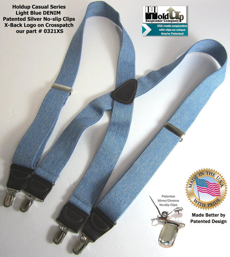 [Australia] - Holdup Suspenders in Light Blue Denim color have USA made 1 1/2" wide straps and X-back Crosspatch with No-slip Silver Clips 