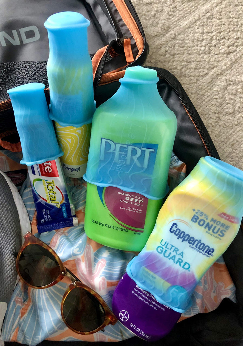 [Australia] - Leak Locks: 4 Pack Toiletry Skins for Leak Proofing Travel Containers in Luggage. Protects Standard and Travel Sized Toiletries. Reusable Accessory for Travel Bag, Suitcase and Carry On Luggage. 