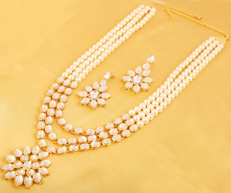 [Australia] - Touchstone New Contemporary Kundan Collection Indian Bollywood Majestic Indian Mughal Kundan Look Triple Line Faux Pearls Strands Long Designer Jewelry Wedding Necklace Set in Antique Gold Tone for 