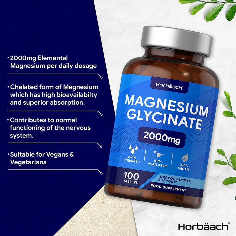 [Australia] - Magnesium Glycinate Supplement | 2000mg | 100 Vegan Tablets | High Strength Providing 400mg of Elemental Magnesium | Nervous System Support | by Horbaach 