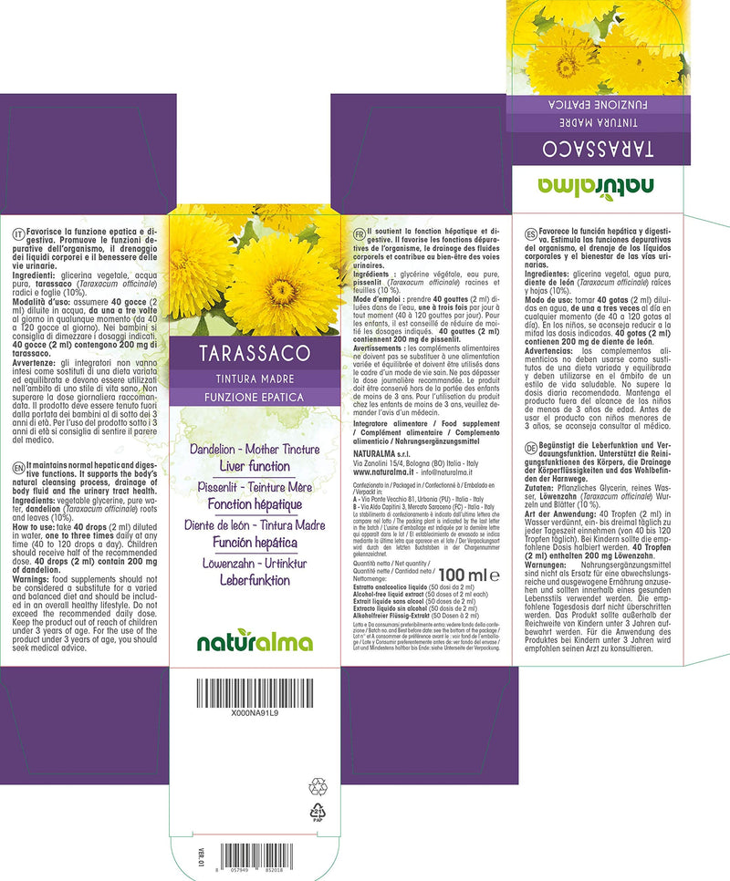 [Australia] - Dandelion (Taraxacum officinale) Roots and Leaves Alcohol-Free Mother Tincture Naturalma | Liquid Extract Drops 100 ml | Food Supplement | Vegan 100 ml (Pack of 1) 