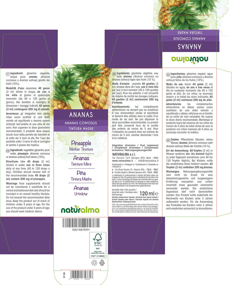 [Australia] - Pineapple (Ananas comosus or Ananas sativus) Fruit Stems Alcohol-Free Mother Tincture Naturalma | Liquid Extract Drops 120 ml | Food Supplement | Vegan 120 ml (Pack of 1) 