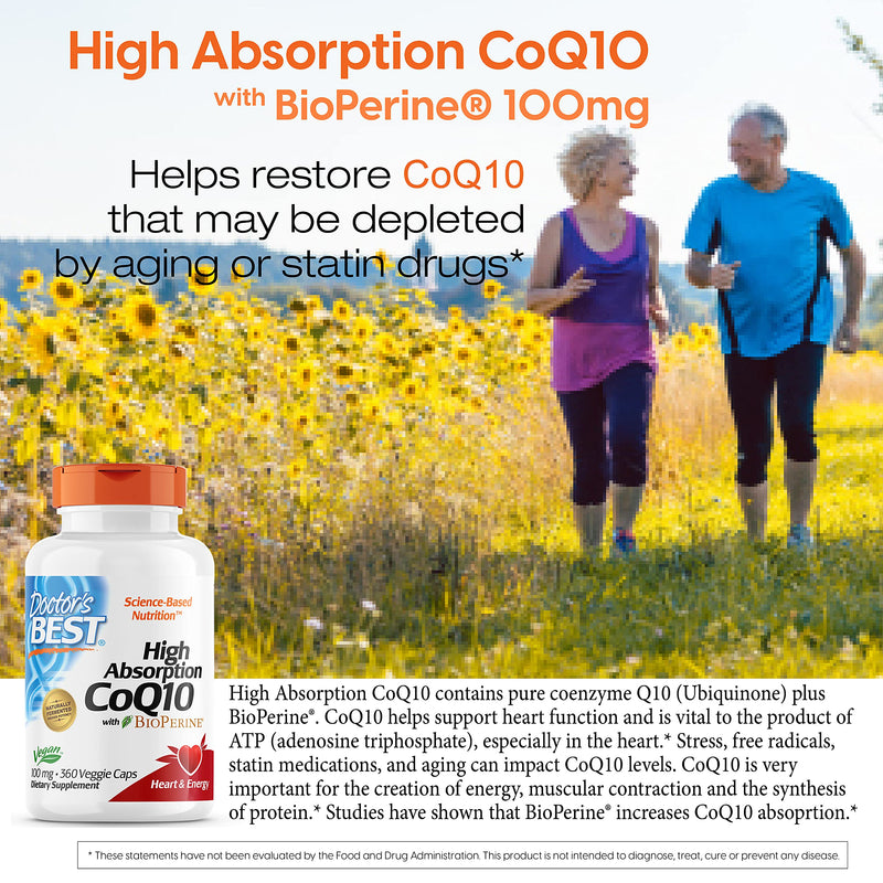 [Australia] - Doctor's Best High Absorption CoQ10 with BioPerine, Gluten Free, Naturally Fermented, Vegan, Heart Health & Energy Production, 100 mg 360 Veggie Caps 360 Count (Pack of 1) 