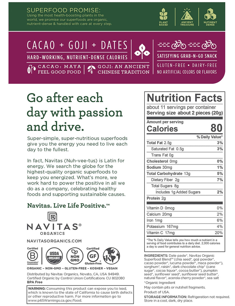[Australia] - Navitas Organics Superfood Power Snacks, Cacao Goji, 8 oz. Bag, 11 Servings — Organic, Non-GMO, Gluten-Free 