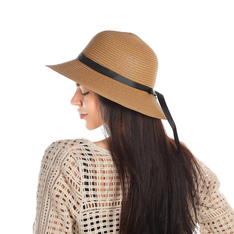 [Australia] - Womens Beach Sun Straw Hat UV UPF50 Travel Foldable Brim Summer UV Hat Khaki 