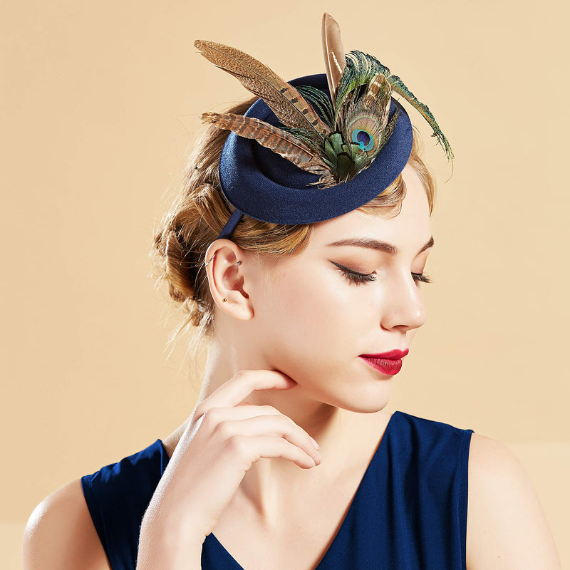 [Australia] - BABEYOND Fascinators Hat Derby Pillbox Hat Cocktail Tea Party Feather Headband Navy Blue 