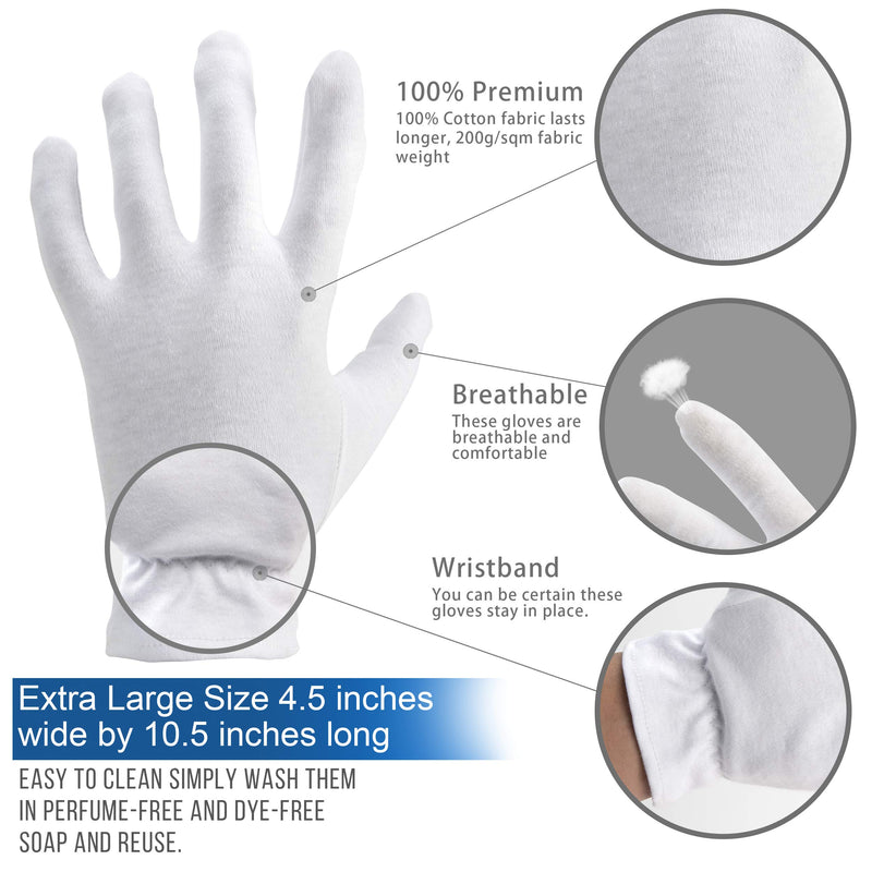 [Australia] - Extra Large, XL Moisturizing Gloves OverNight Bedtime Cotton Cosmetic Inspection Premium Cloth Quality Eczema Dry Sensitive Irritated Skin Spa Therapy Secure Wristband … (4 Pack) 4 Pack 