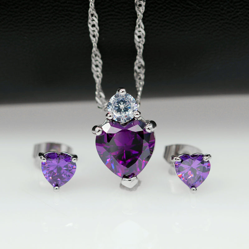 [Australia] - Uloveido Red Crystal Heart Necklace and Earrings Wedding Jewelry Set for Women Girls BME53 Purple 